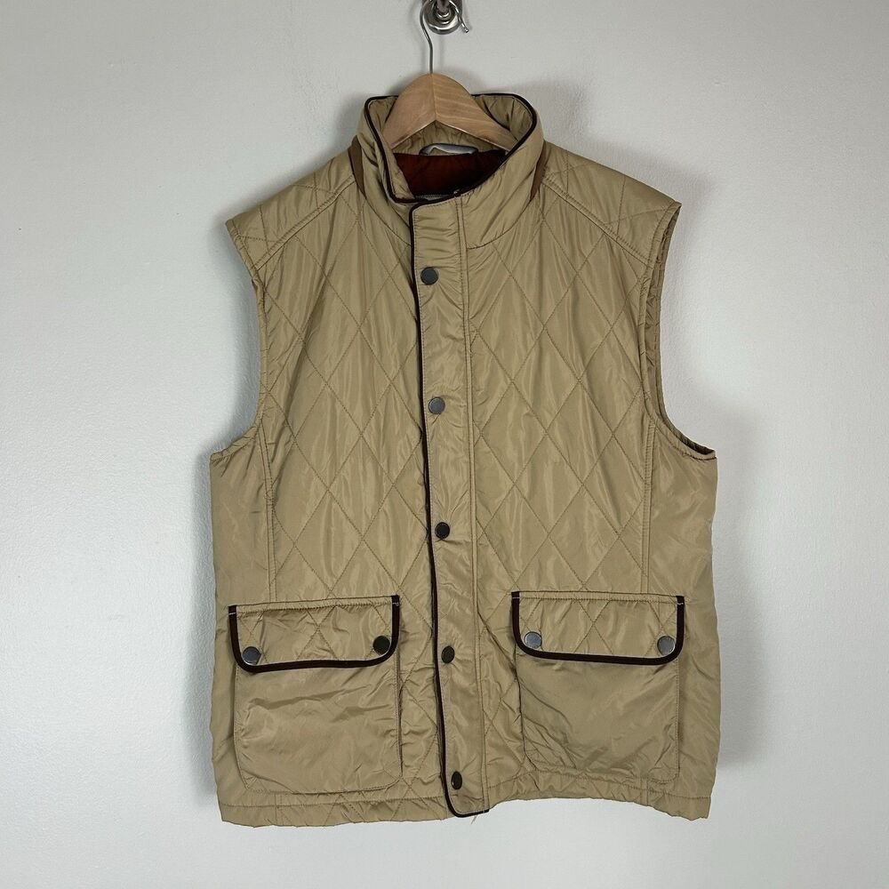 Tommy BAHAMA Island Khaki Quilted Full Zip Vest Mens Size L Tan Sleeveless